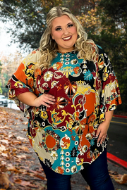 61 PQ-A {Pursuit of Style} Burgundy Print Ruffle Sleeve Tunic EXTENDED PLUS SIZE 3X 4X 5X