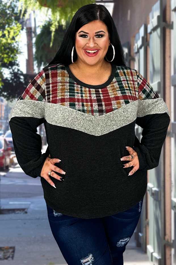 91 CP-N {Right On Point} Charcoal Plaid Top PLUS SIZE 1X 2X 3X  SALE!!