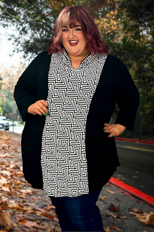 35 HD-O {Road Leads Home} Black/Ivory Maze Print Hoodie SALE!!! CURVY BRAND!!! EXTENDED PLUS SIZE