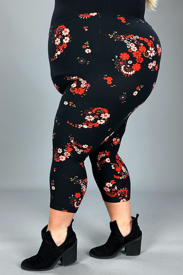 LEG-53 {Seeing Red} Red Floral Printed Butter Soft Capri Leggings EXTENDED PLUS SIZE 3X/5X