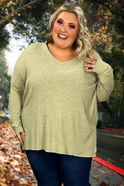 91 SLS-Z {See You There} Dusty Olive Ribbed V-Neck Top PLUS SIZE 1X 2X 3X