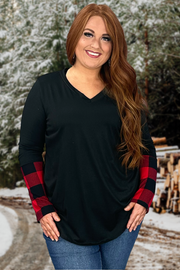 66 CP-A {Something Good} Black V-Neck Top w/Red Plaid Sleeve PLUS SIZE 1X 2X 3X