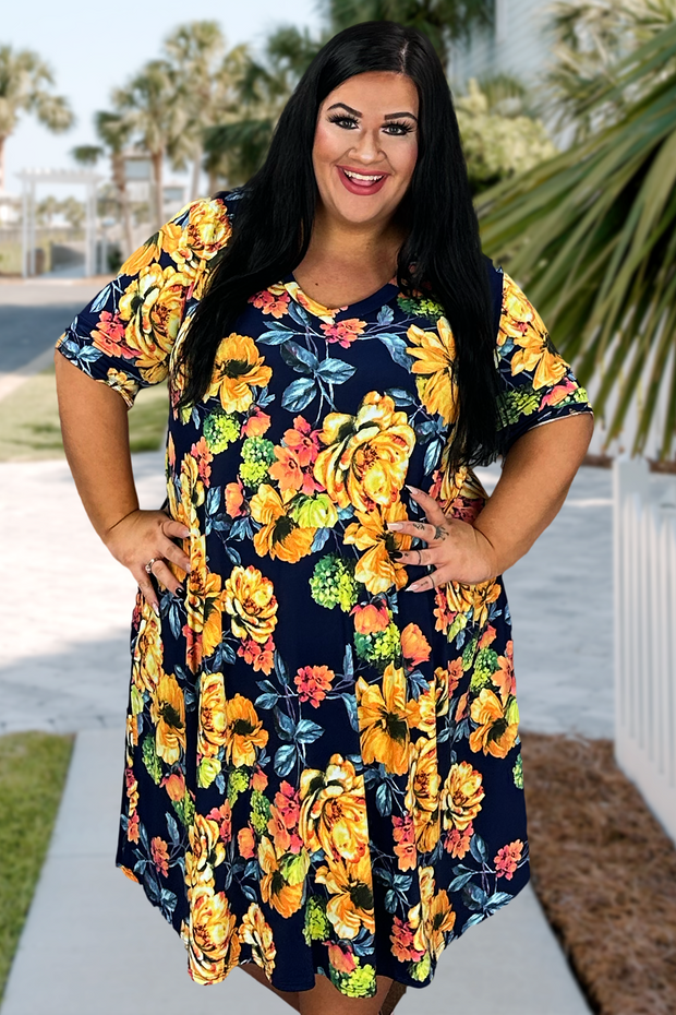 55 PSS-E {Sparkle In Her Eye} Navy/Gold Floral V-Neck Dress SIZES 1X 2X 3X 4X 5X 6X