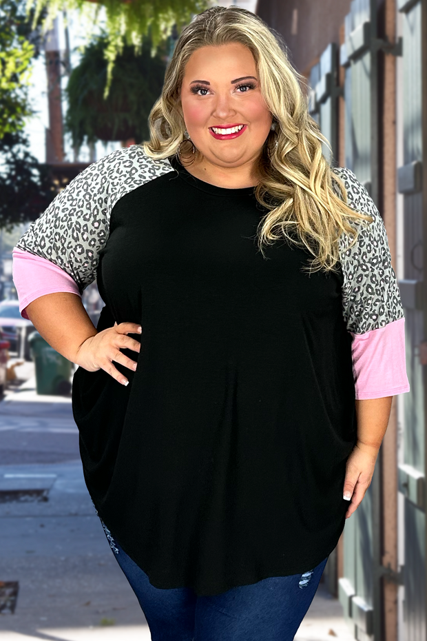 17 CP-B {Strike Fierce} Black Pink Leopard Contrast Top CURVY BRAND EXTENDED PLUS SIZE 1X 2X 3X 4X 5X 6X