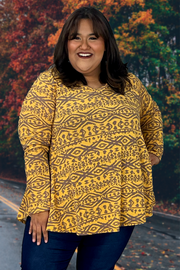 34 PLS-A {Success Story} Mustard Print V-Neck Top EXTENDED PLUS SIZE 3X 4X 5X