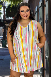 SV-C {Sunkissed} Yellow Stripe Print V-Neck Dress PLUS SIZE 1X 2X 3X