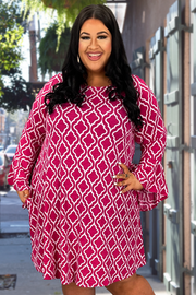 97 PQ-B {Sunday Best} Hot Pink Diamond Damask Print Dress PLUS SIZE 1X 2X 3X