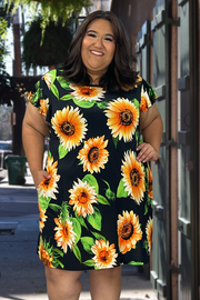 30 PSS-A {Sunflower Fun Flower} Black Printed Dress PLUS SIZE 1X 2X 3X