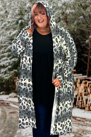 57 OT-H {Take A Trip} Grey Leopard Print Hooded Caridgan EXTENDED PLUS SIZE 3X 4X 5X