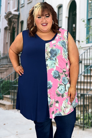 76 SV-I {Touch of Floral} Navy Pink Floral Contrast Top EXTENDED PLUS SIZE 3X 4X 5X