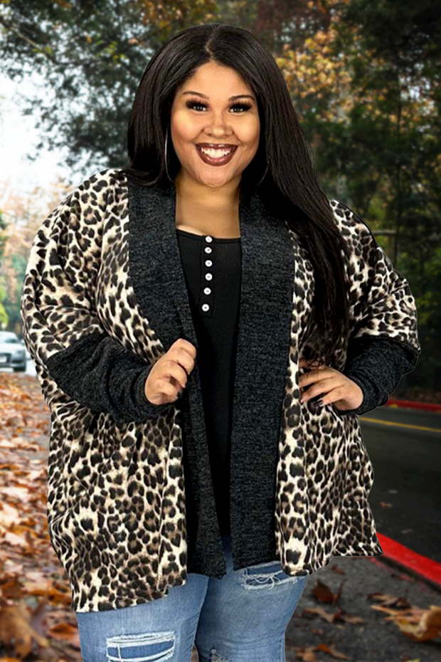 54 OT-A {Twist Of Fate} Brown Leopard Print Cardigan EXTENDED PLUS SIZE 1X 2X 3X 4X 5X