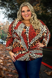 71 PQ-A {Untapped Potential} Rust Animal Print V-Neck Tunic EXTENDED PLUS SIZE 3X 4X 5X