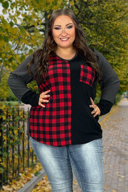 37 CP-D {Until You Realize} Grey Black Red Plaid Contrast Top PLUS SIZE XL 2X 3X