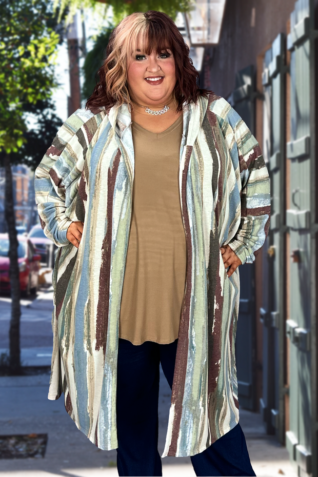 53 OT-C {Wake Up Call} Olive Striped Hooded Cardigan EXTENDED PLUS SIZE 3X 4X 5X