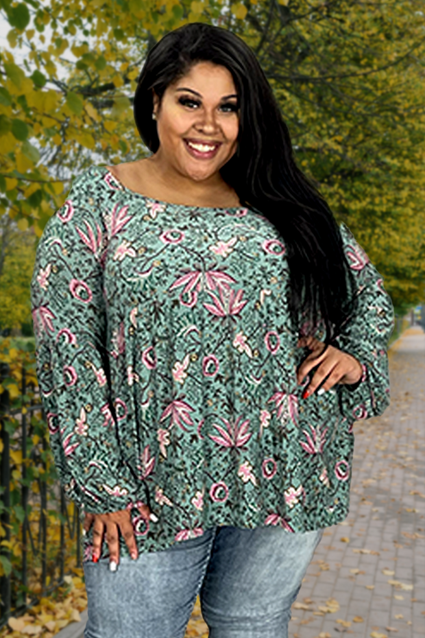 64 PQ-J {What You Love} Dusty Green Floral Babydoll Top PLUS SIZE 1X 2X 3X