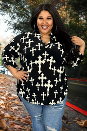 86 PQ-B {Above All Else} Black Cross Print Tunic PLUS SIZE 1X 2X 3X