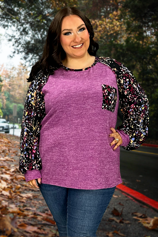 97 CP-I {All In Order} Magenta Top w/Print Contrast PLUS SIZE XL 2X 3X