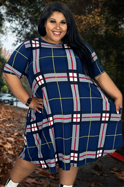 83 PSS-L {All My Life} Navy Plaid Dress W/Pockets EXTENDED PLUS SIZE 3X 4X 5X