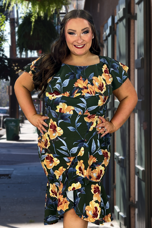 LD-B {Belong To Me} Charcoal Waffle Wrap Dress W/Floral Print PLUS SIZE 1X 2X 3X