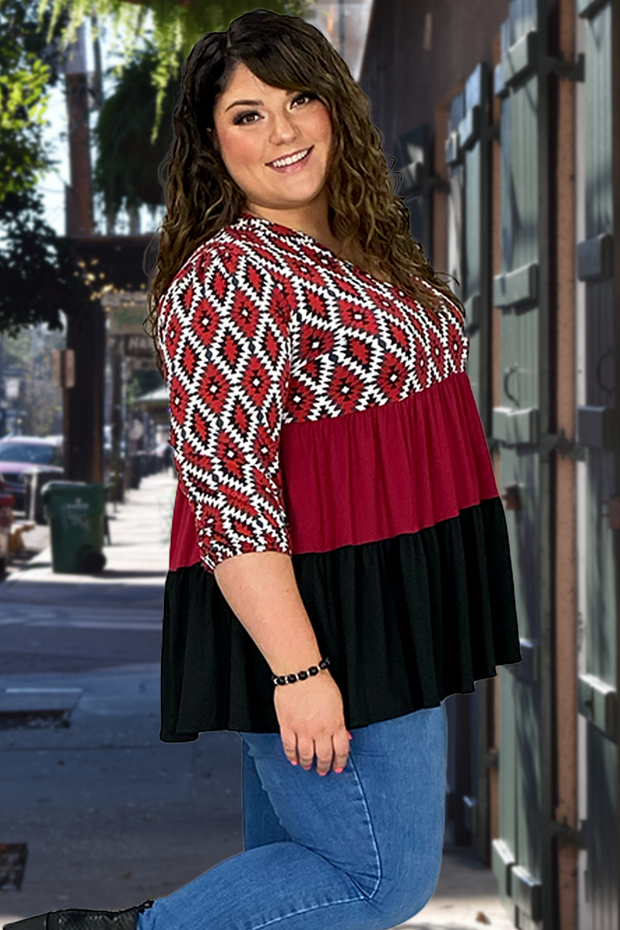 77 CP-B [Breaking Even} Red Print Tiered Top PLUS SIZE 1X 2X 3X