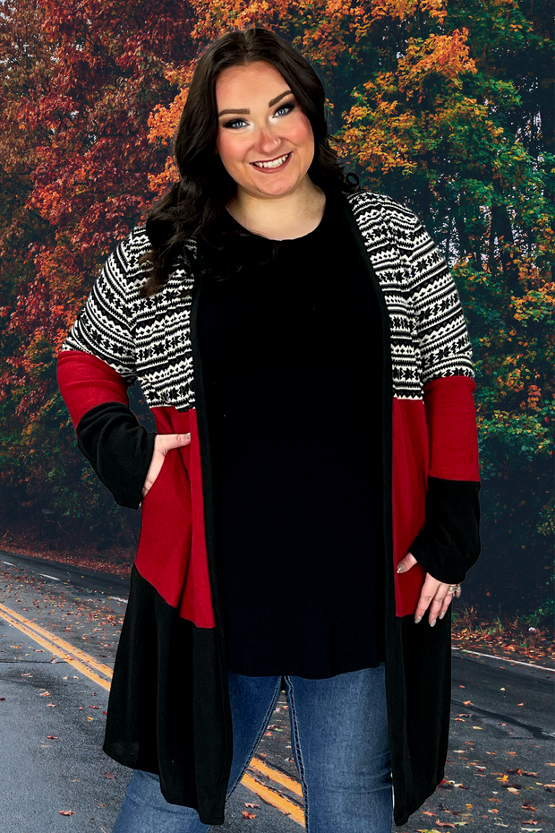 63 OT-A {Bundle Up Baby} Red/Black Print Duster PLUS SIZE 1X 2X 3X