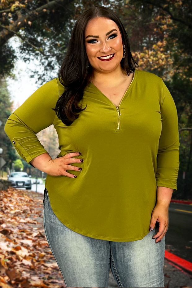 33 SD-B {Classy Threads} Olive Top with Gold Zipper Detail PLUS SIZE 1X 2X 3X