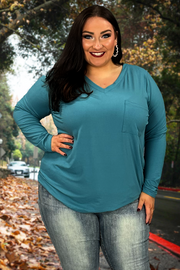 30 SLS-D {Ease Your Mind} Dusty Teal V-Neck Top w/Pocket SALE!! PLUS SIZE 1X 2X 3X