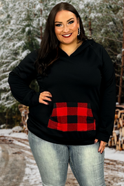 37 HD-B {Feelings For You} Black Red Plaid Detail Hoodie SALE!!! PLUS SIZE XL 2X 3X