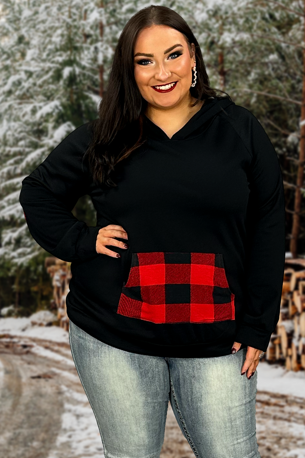 37 HD-B {Feelings For You} Black Red Plaid Detail Hoodie PLUS SIZE XL 2X 3X