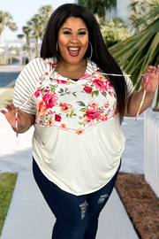11 HD-D {Floral Influence| Ivory Floral Grey Stripe Hoodie PLUS SIZE 1X 2X 3X
