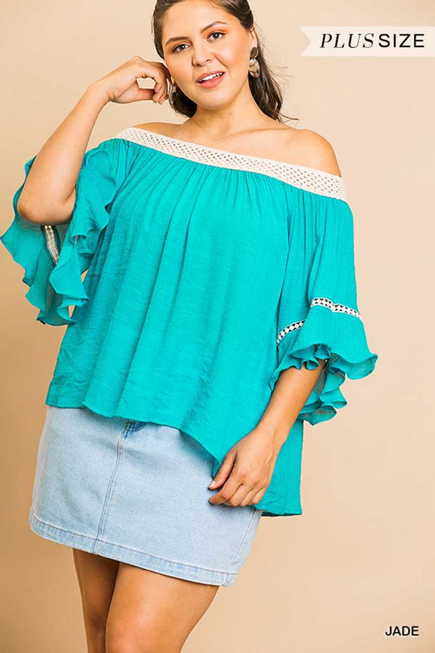 OS-D {Seaside Days} Umgee Teal Tunic W/Tan Crochet Detail SALE PLUS SIZE XL 1X 2X SALE!!