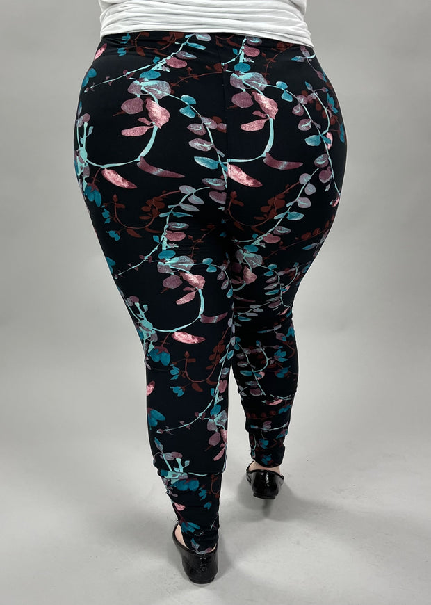 LEG -16  {Water Color Vibes} Black Floral Leggings EXTENDED PLUS SIZE 3X/5X