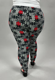 LEG-34  {Puzzled} Gray/Red Puzzle Print Leggings EXTENDED PLUS SIZE 3X/5X