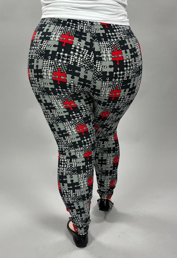 LEG-34  {Puzzled} Gray/Red Puzzle Print Leggings EXTENDED PLUS SIZE 3X/5X