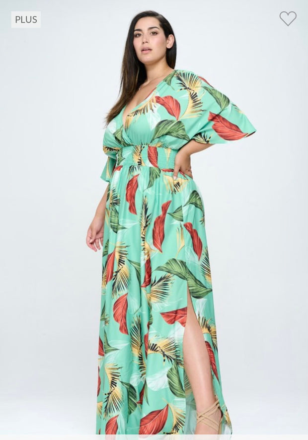 LD-D {Island Escape} ***SALE***Lt Green Palm Printed Lined Dress PLUS SIZE XL 2X 3X