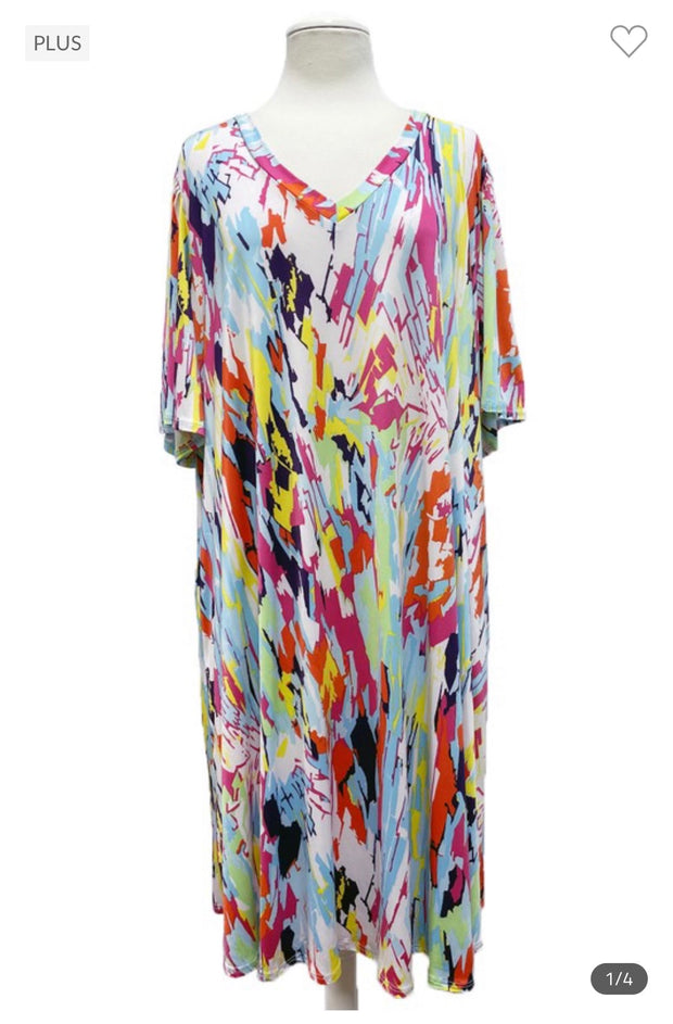53 PSS-K {Totally Abstract} Multi Abstract V-Neck Dress EXTENDED PLUS SIZE 3X 4X 5X