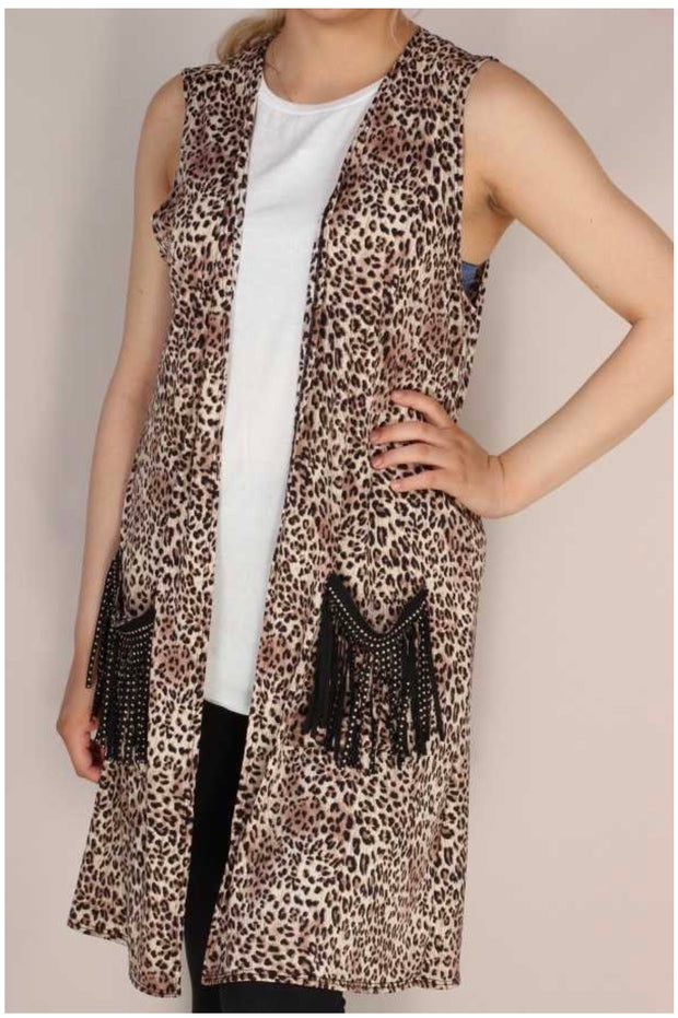 OT-Y{Winding Down} Leopard Vest Black Stud Fringe Pockets PLUS SIZE XL 2X  3X ***FLASH SALE***