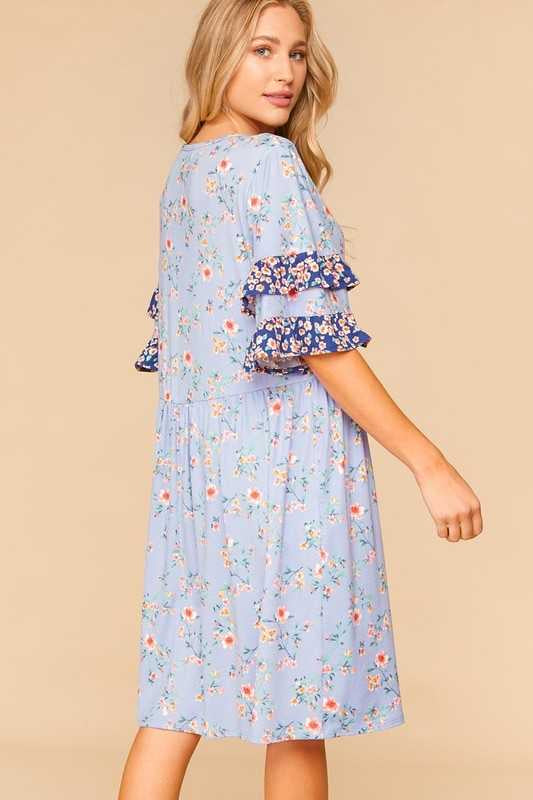 65 PSS-B {Paradise Found}  Blue Floral Print Dress PLUS SIZE 1X 2X 3X