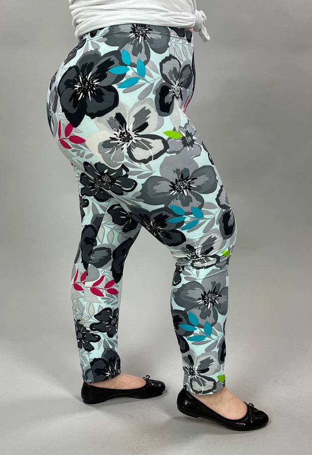 BIN 98 {Midnight Floral} Mint/Gray Floral Leggings EXTENDED PLUS SIZE 3X/5X