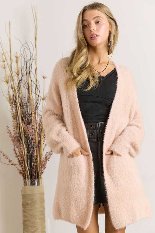 49 OT-B {Living For The Glam} Pink Fuzzy Cardigan w/Pockets PLUS SIZE 1X 2X 3X