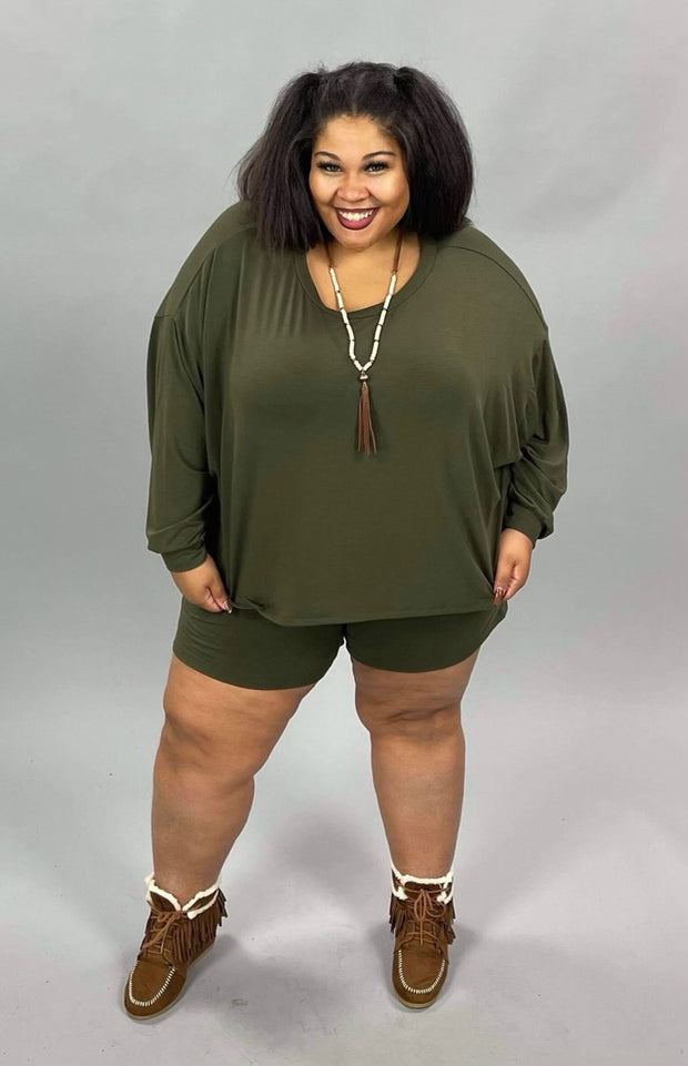 21 SET-G {The Good Life} Olive Long Sleeve Short Set PLUS SIZE 1X 2X 3x