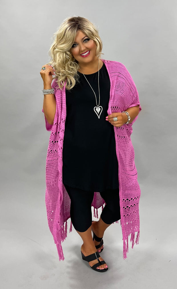 OT-B {MimosaLane} Lt. Orchid Cardigan***SALE*** with Fringe Detail With Back Lace Insert PLUS SIZE 1X 2X 3X
