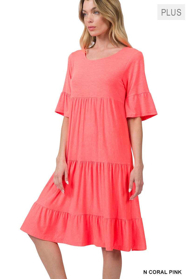 14 SSS-E [All The Buzz} Coral Pink Tiered Ruffle Sleeve Dress PLUS SIZE 1X 2X 3X