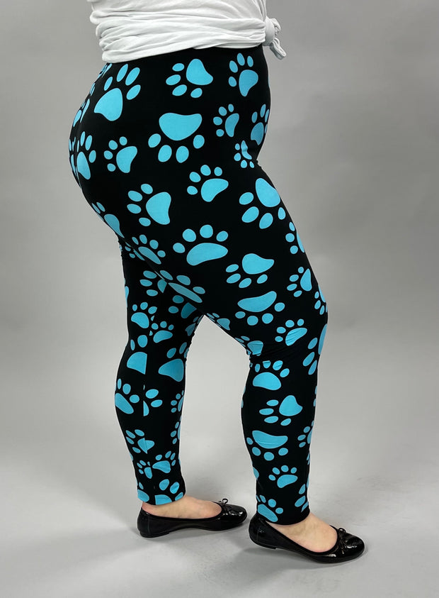 LEG-G {Blue Paws}  Black Leggings w/Blue Printed Paws EXTENDED PLUS SIZE