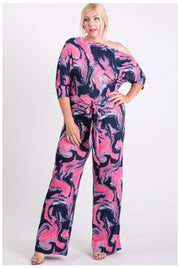 RP-G {Dazzling Nights} Pink/Navy One Shoulder Down Romper SALE!!