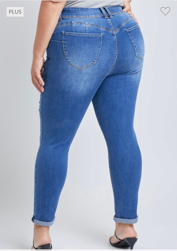 LEG-82 or BT-K {YMI Wanna Betta Butt} Med Blue Ripped Cuffed Ankle Jeans PLUS SIZE 14 16 18 20