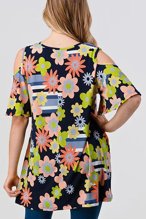 76 OS-B {Floral Reflection} Navy Floral Open Shoulder Top PLUS SIZE 1X 2X 3X***SALE***