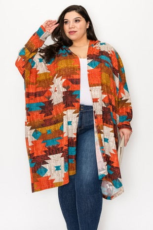 53 OT-D {Cozy Zone} Rust Aztec Print Hooded Cardigan EXTENDED PLUS SIZE 3X 4X 5X