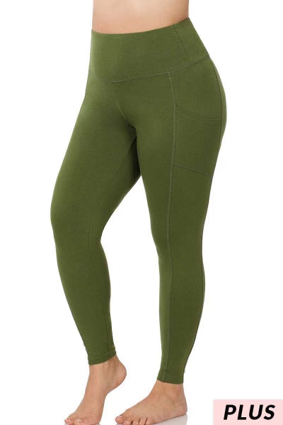 LEG-7 {Gym Code} Army Green Cotton Pocket Leggings PLUS SIZE 1`X 2X 3X