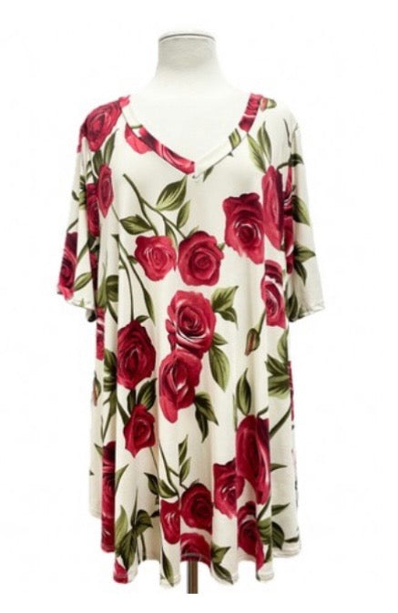 24 PSS-G {Call Me Rose} SALE!!  Ivory Rose Print V-Neck Tunic EXTENDED PLUS SIZE 3X 4X 5X